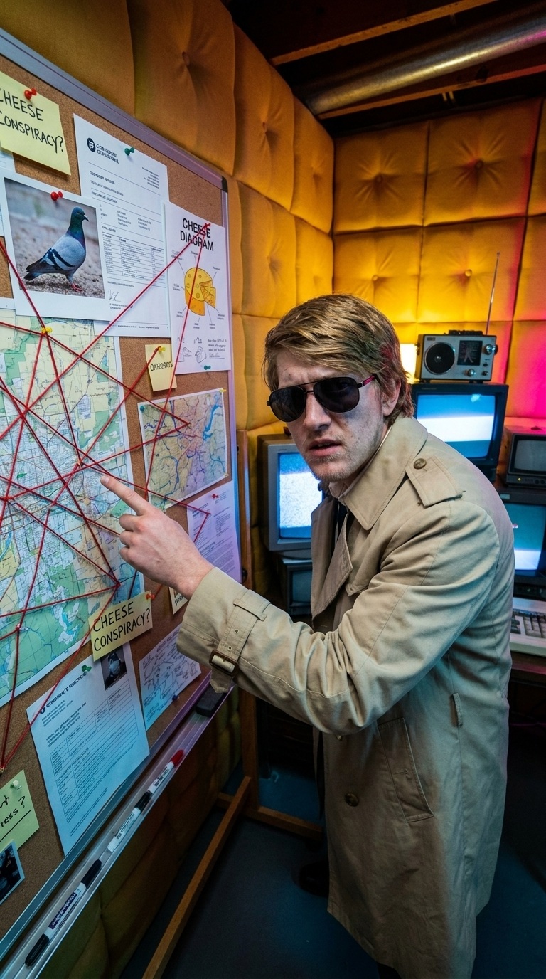 A fictional parody spy studying an elaborate conspiracy board in a basement