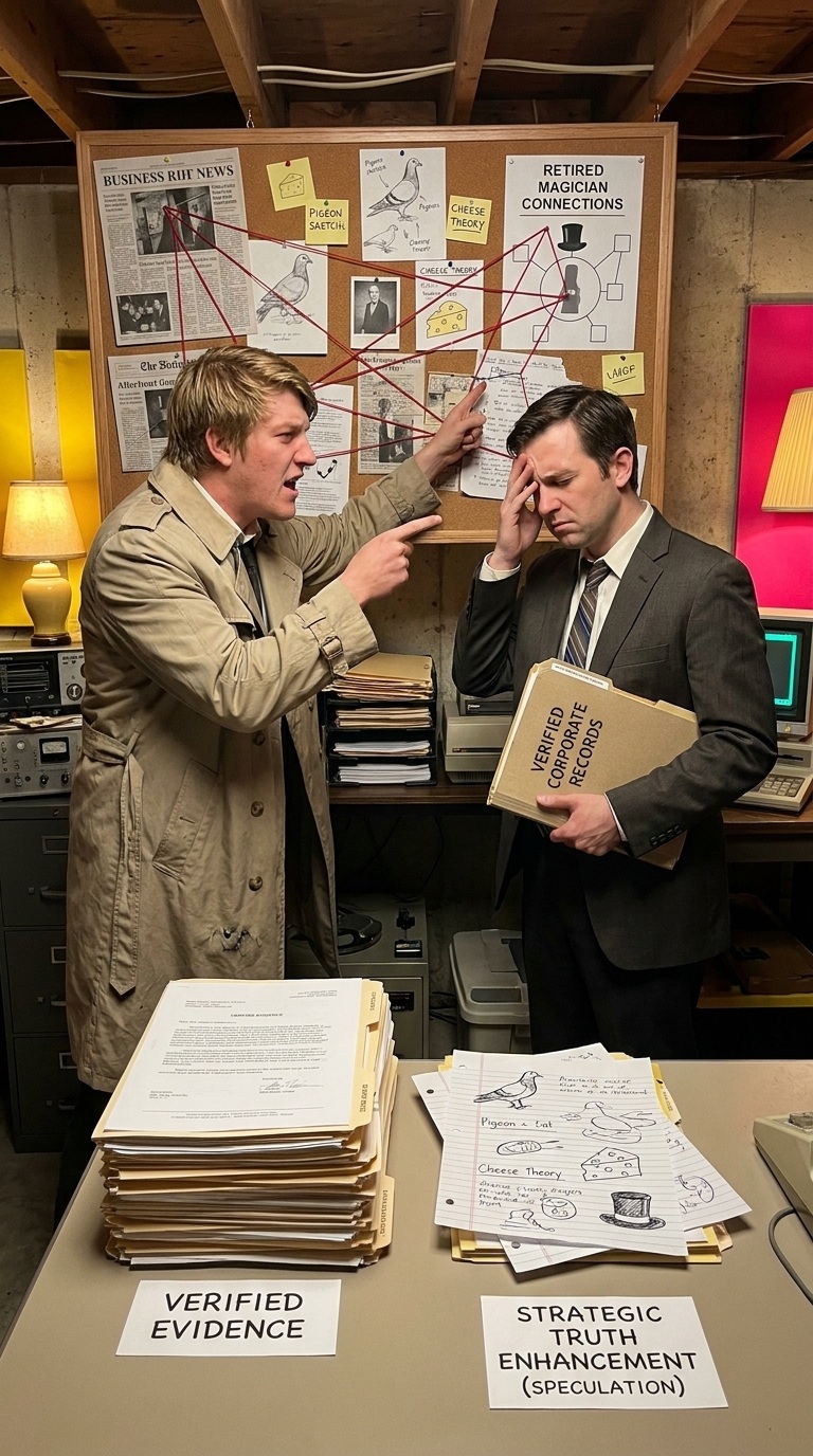 Two fictional internet investigators disagree over verified records and speculation