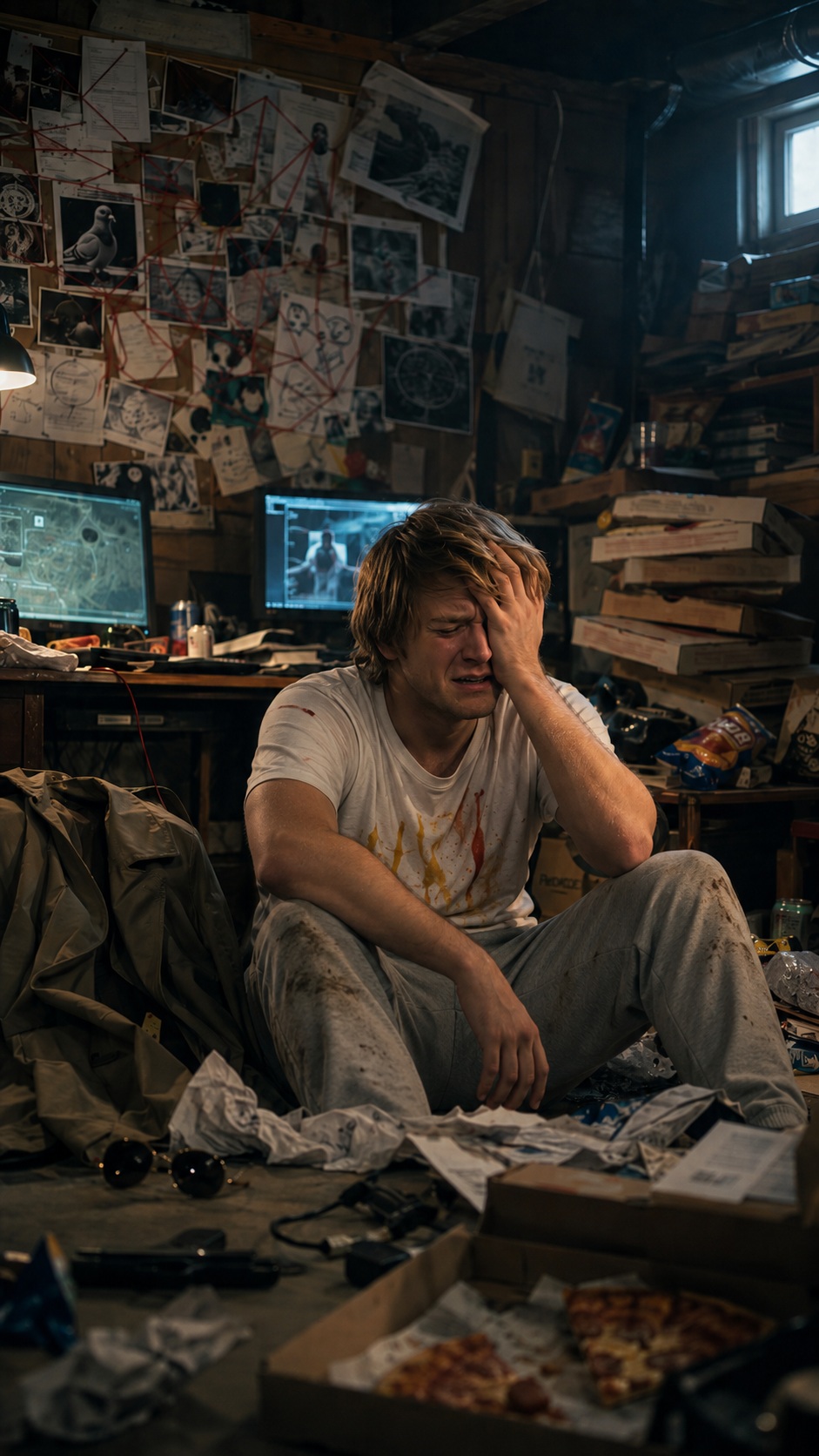 A fictional character overwhelmed by excessive internet use in a cluttered basement