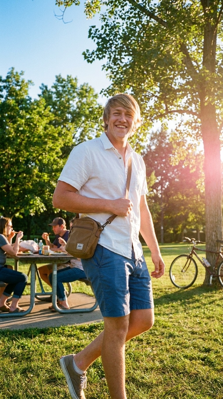 A fictional character smiling and enjoying an offline summer day in a park